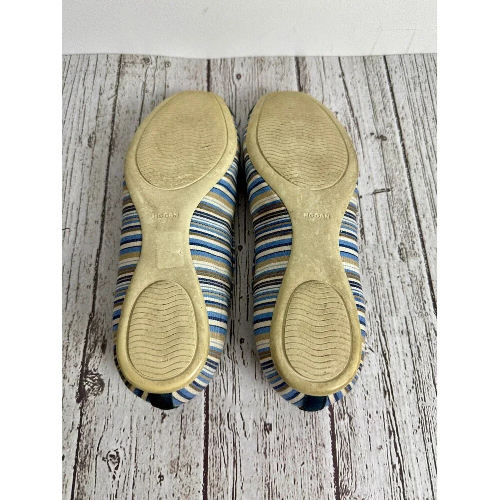Hogan Women’s Ballet Flats, Size 8,‎ Navy Blue Striped, Silver Hardware, Preppy
